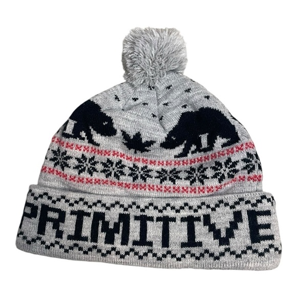 Primitive Beanie Grey Black Red Winter Pattern - Picture 1 of 6